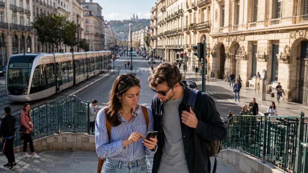 Couple Tourists Tram Telephone City