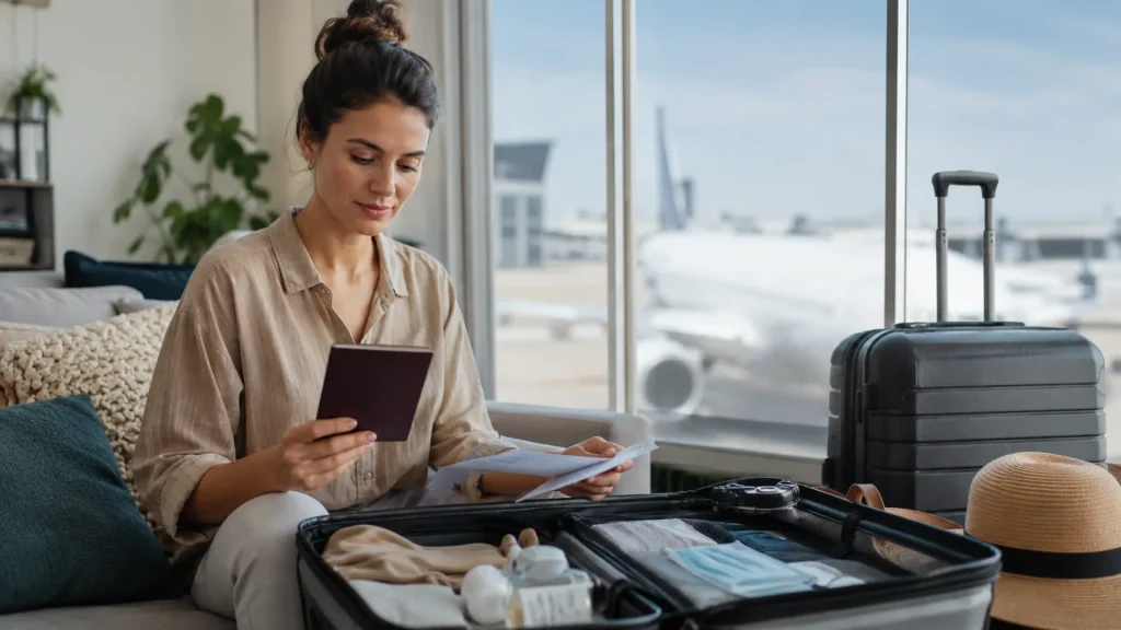 Woman Check Passport Valigia Airport