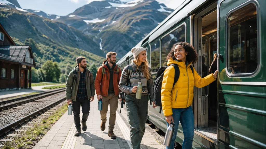 Group Hiking Train Mountains
