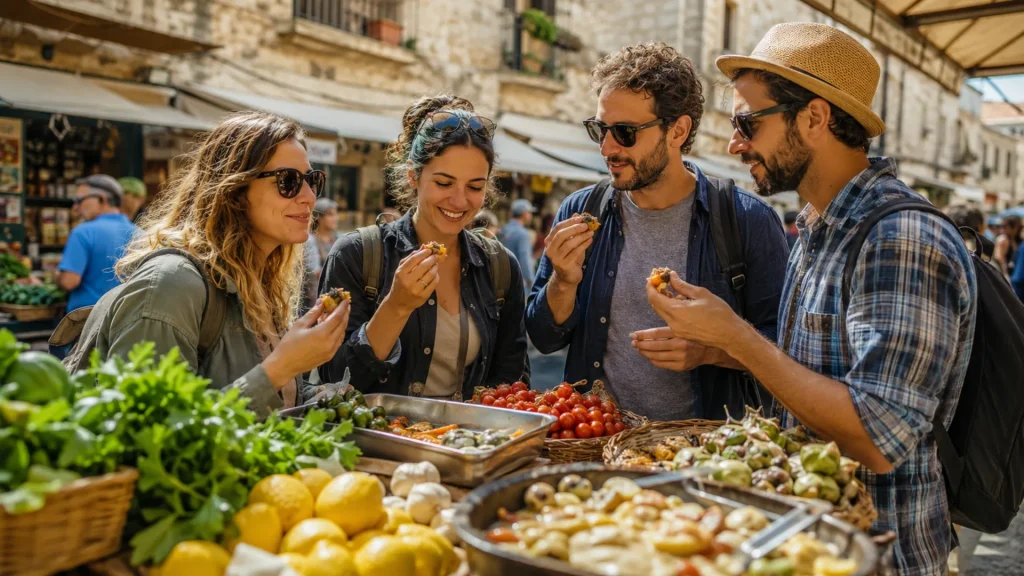 Tourists Tasting Local Food Market
