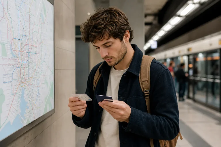 Traveller compares transport and single tickets on an urban map