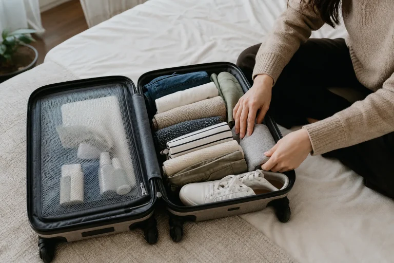 Open hand luggage with essential items for a week