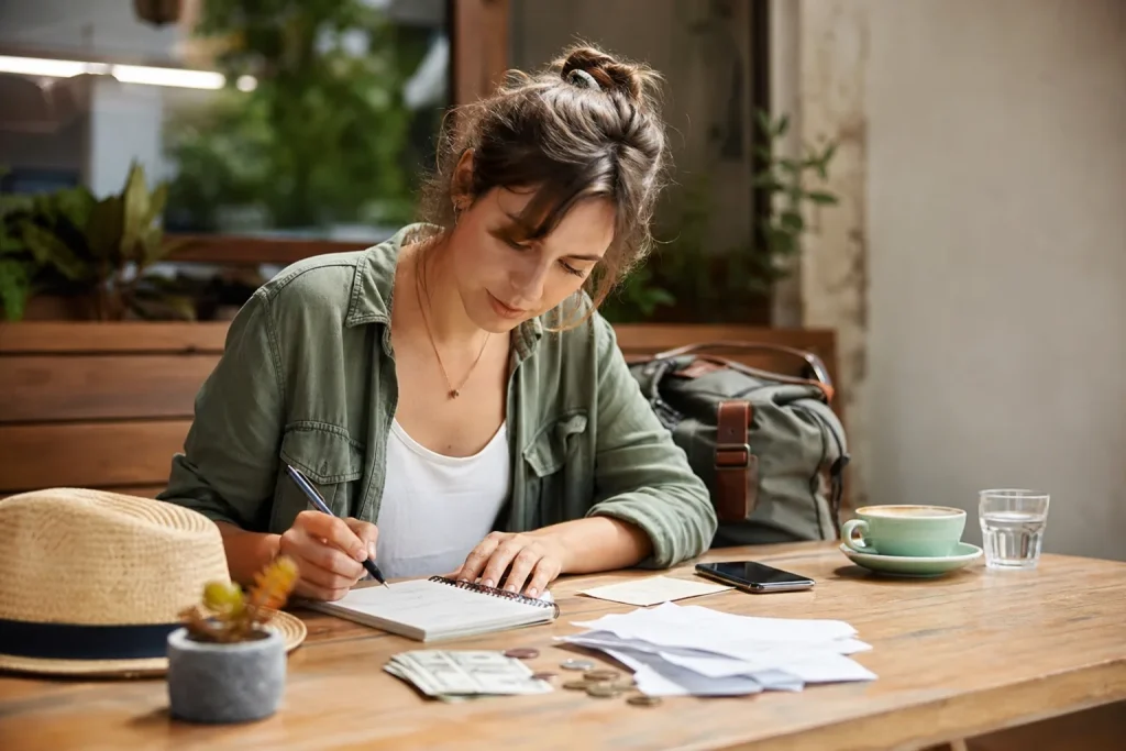Traveller calculates the daily travel budget on a notebook
