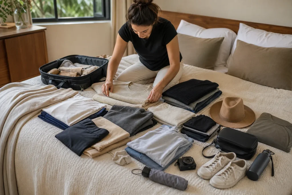 Travel wardrobe capsules with few coordinated heads on a bed