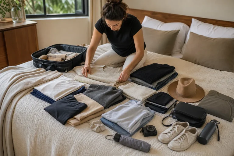 Travel wardrobe capsules with few coordinated heads on a bed