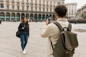 Traveler asks for a photo to another tourist in a square