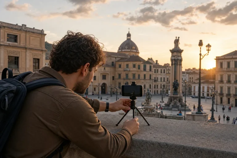 Traveller uses a small tripod to take photos on a trip alone