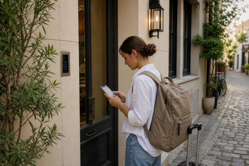 Traveller controls access and map before entering a secure accommodation