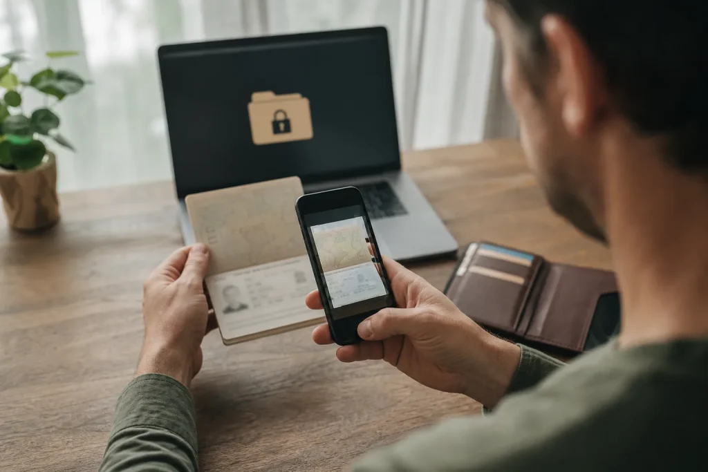 Traveler creates secure digital copies of documents before departure