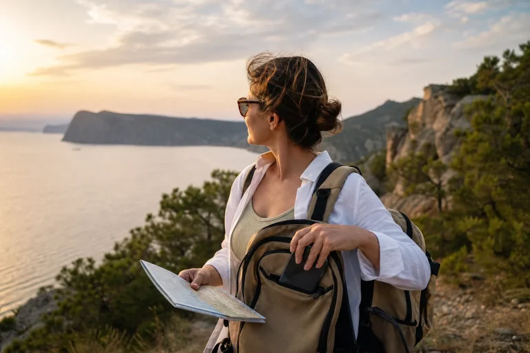 Traveler leaves the phone in the bag and looks at the landscape