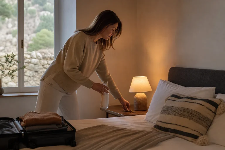 Traveler prepares a quiet room for the first night on the road
