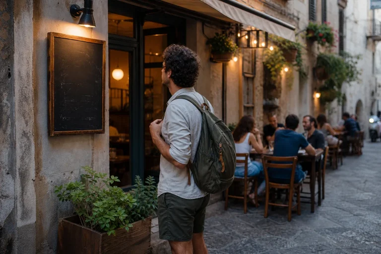 Traveller watches the menu of a small restaurant away from the most touristy area