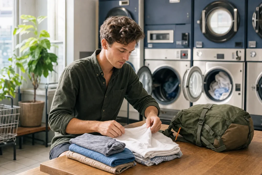 Folded traveller clean laundry in a laundry during the trip