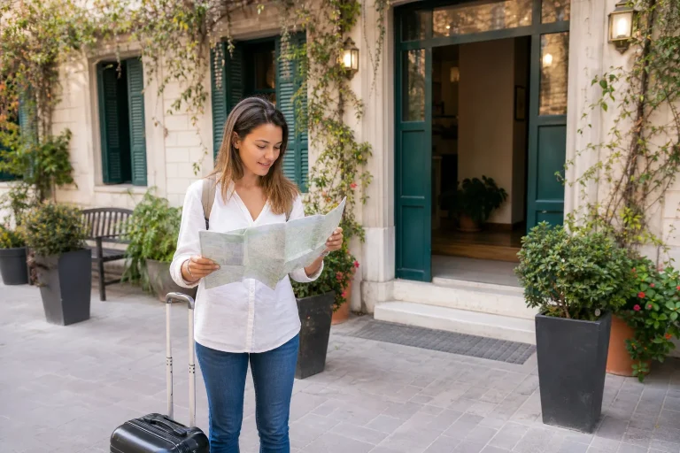 Traveller watches the map of the neighborhood on the first day of solo travel