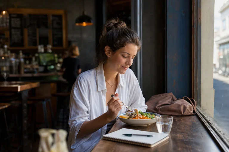 Traveller eats alone with serenity in a small bistro during the trip