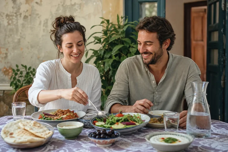 Travelers share balanced local dishes in a trattoria
