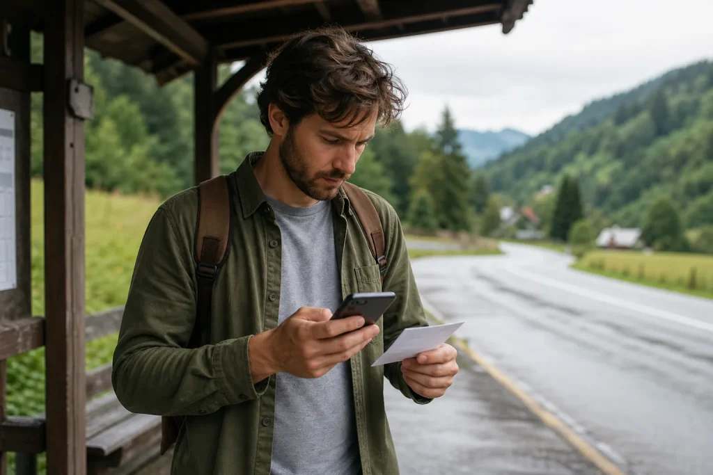 Traveller consults an offline map on the phone in an area without connection