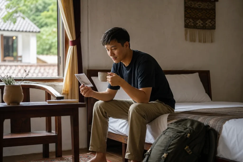 Traveler looks at a photo during a time of homesickness