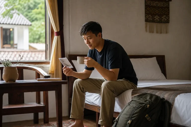Traveler looks at a photo during a time of homesickness