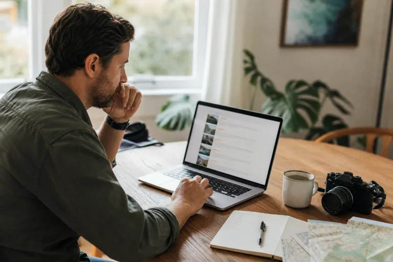 Traveler reads recent reviews of accommodation before booking