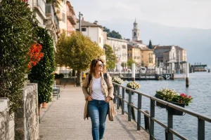 Traveller actively walks along a scenic urban path