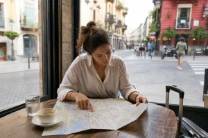 Traveler compares neighborhoods on a map to choose where to sleep