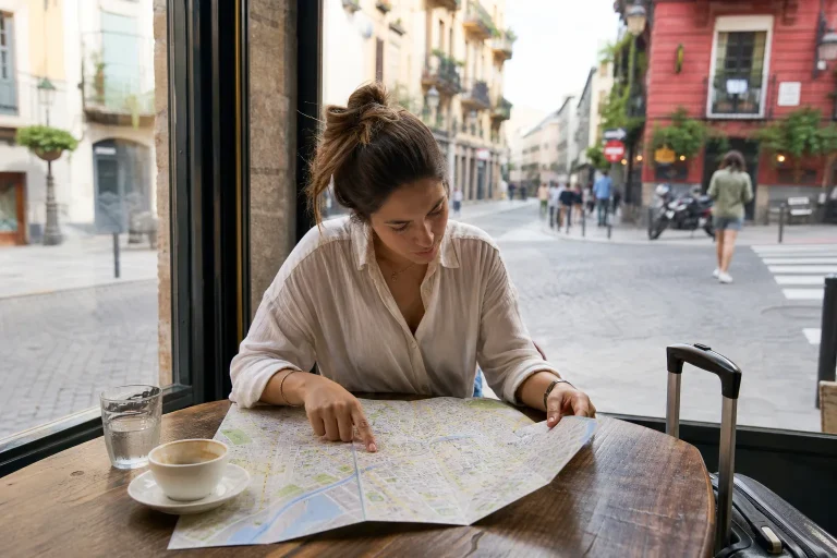Traveler compares neighborhoods on a map to choose where to sleep