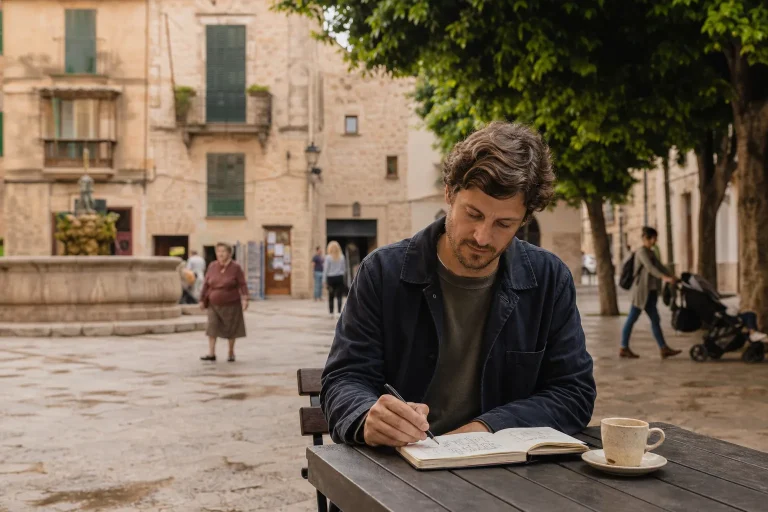 Slow traveler in a quiet neighborhood square