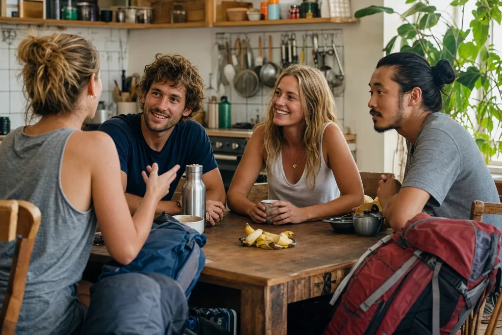 Small conversa group in the common kitchen of a hostel