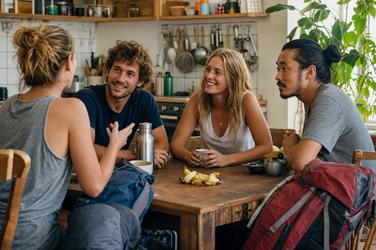 Small conversa group in the common kitchen of a hostel