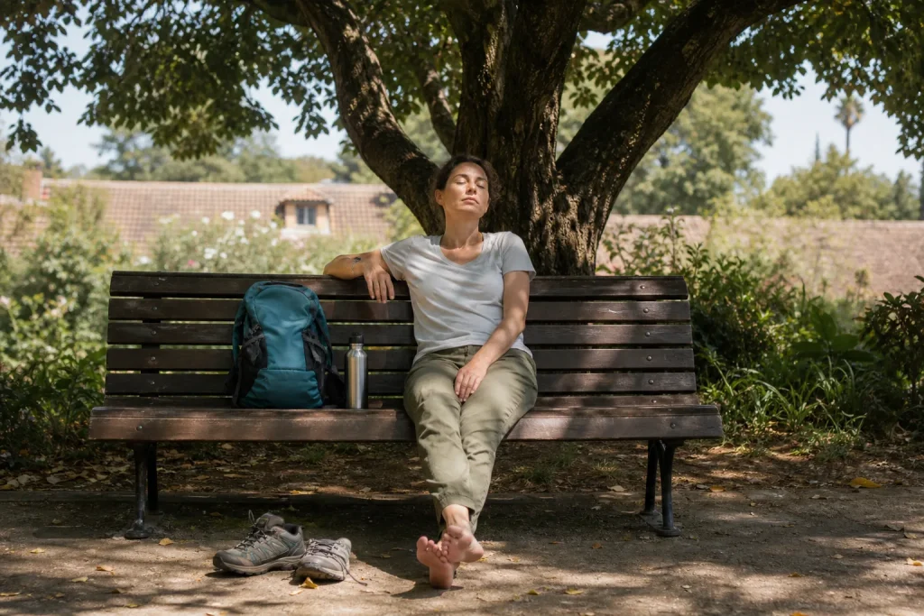 Traveler rests on a quiet bench during a trip