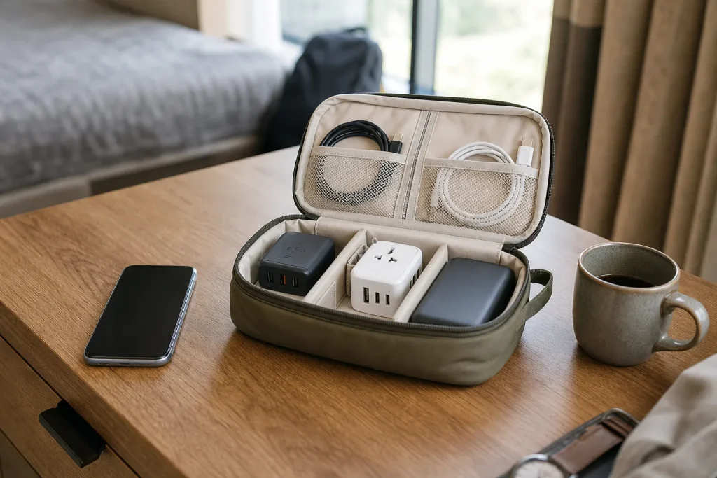 Ordered travel technology kit with few cables and adapter