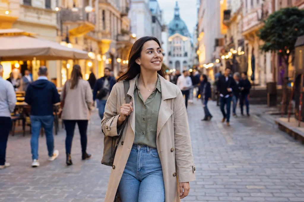 Solo traveler walks on a central street illuminated during the evening