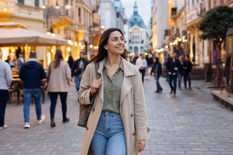Solo traveler walks on a central street illuminated during the evening