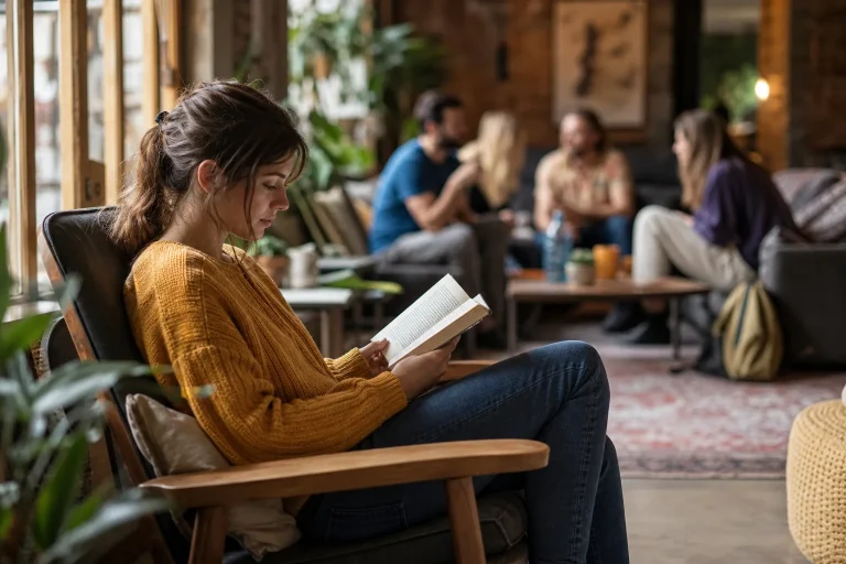 Introverted traveler reads in a quiet corner during a trip alone