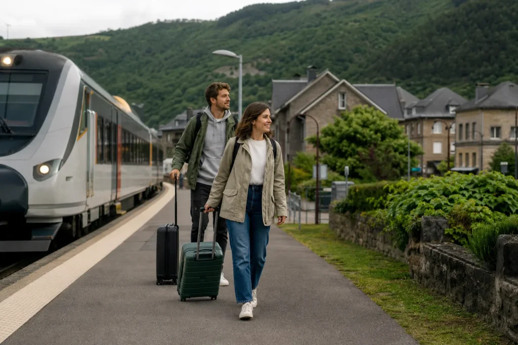 Travelers reach a train destination with light luggage