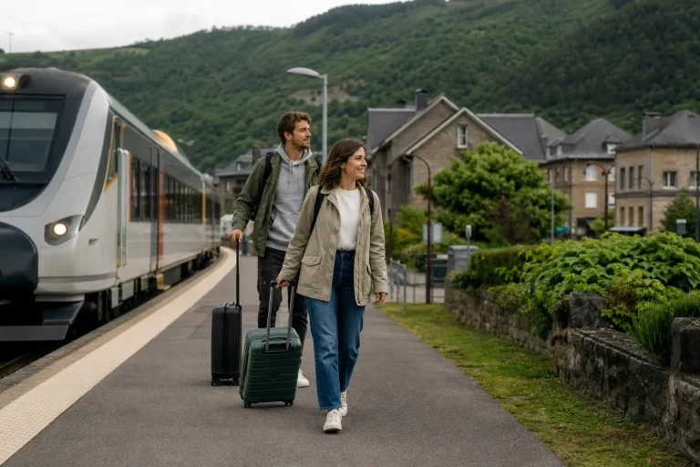 Travelers reach a train destination with light luggage