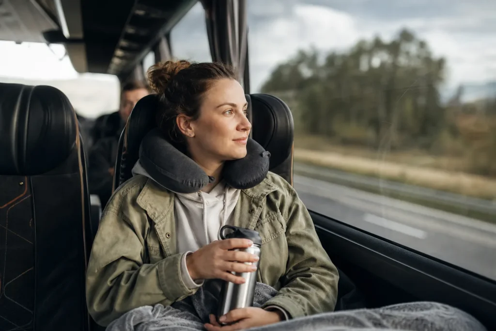 Convenient traveler on a long bus trip