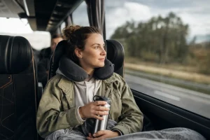Convenient traveler on a long bus trip