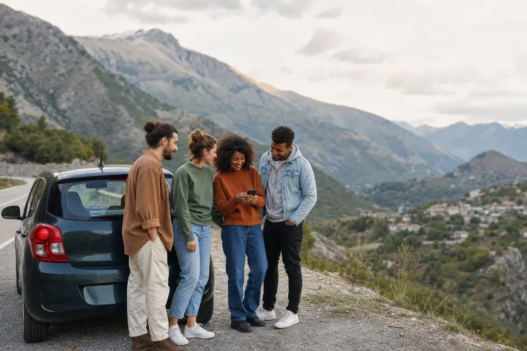 Four travellers next to a car on a panoramic road in Albania