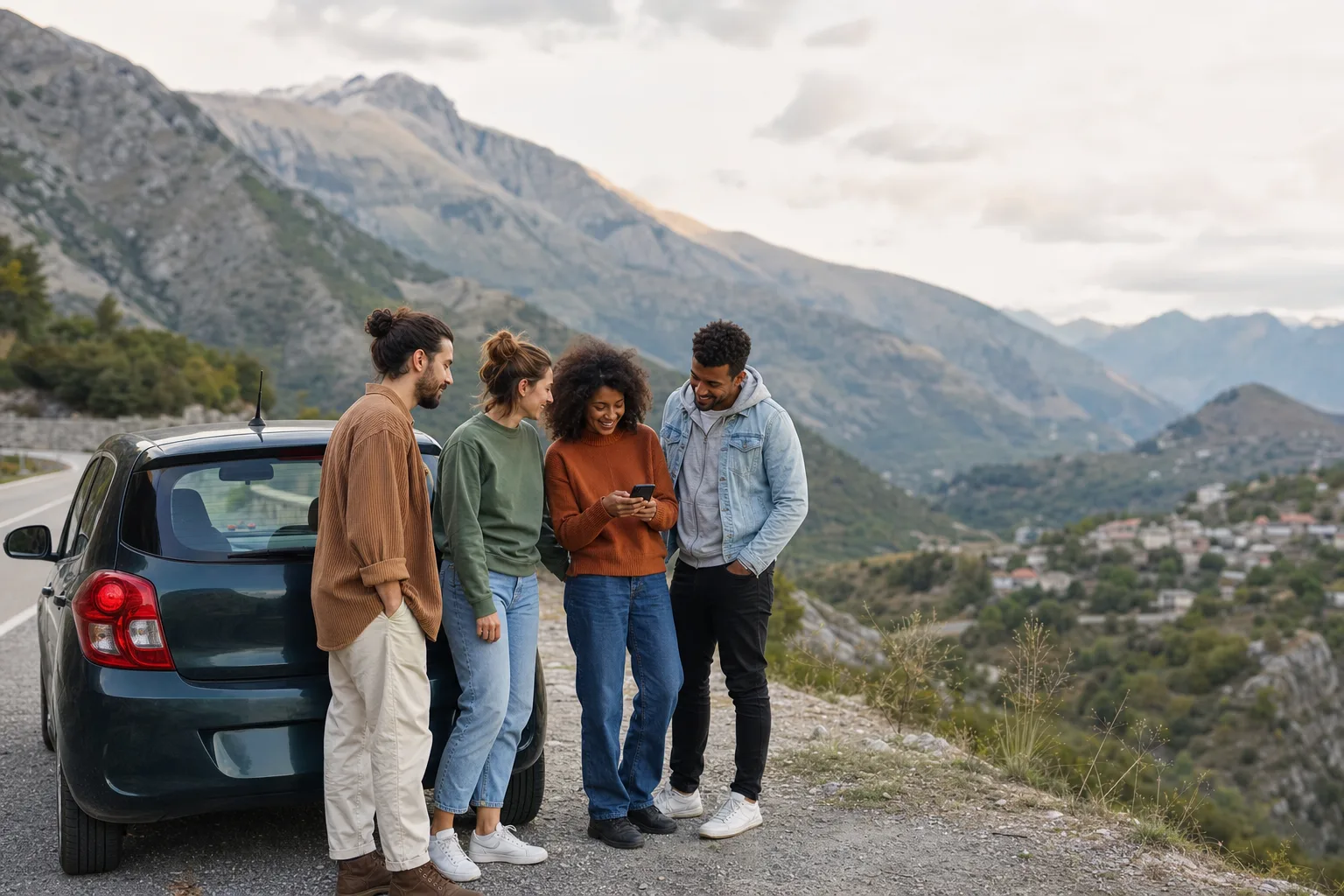 Four travellers next to a car on a panoramic road in Albania