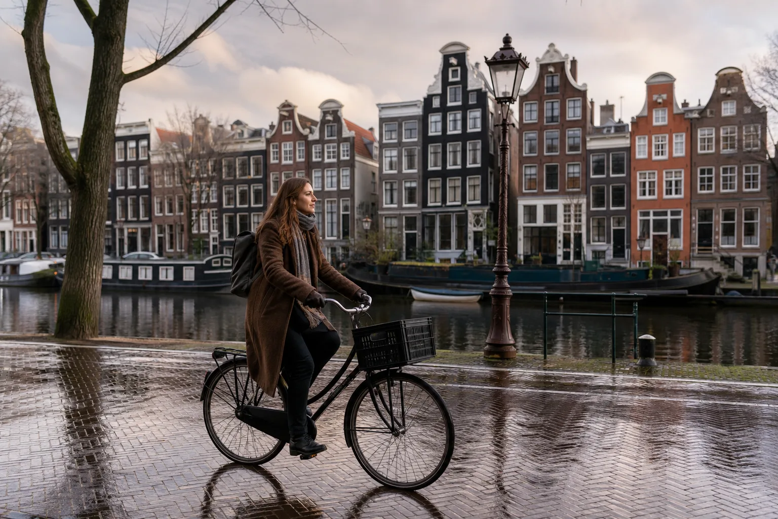 Bike traveler along a canal of Amsterdam after rain