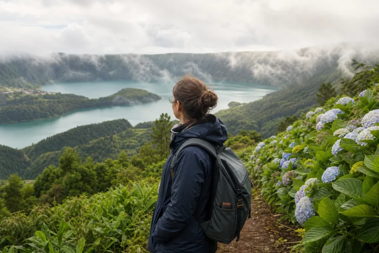 Traveller in front of a volcanic lake on a trip to the Azores