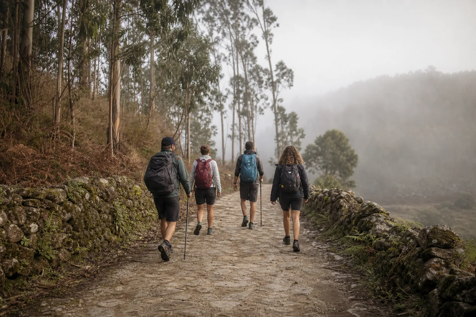 Pilgrims with backpack on the Portuguese Way to Galicia