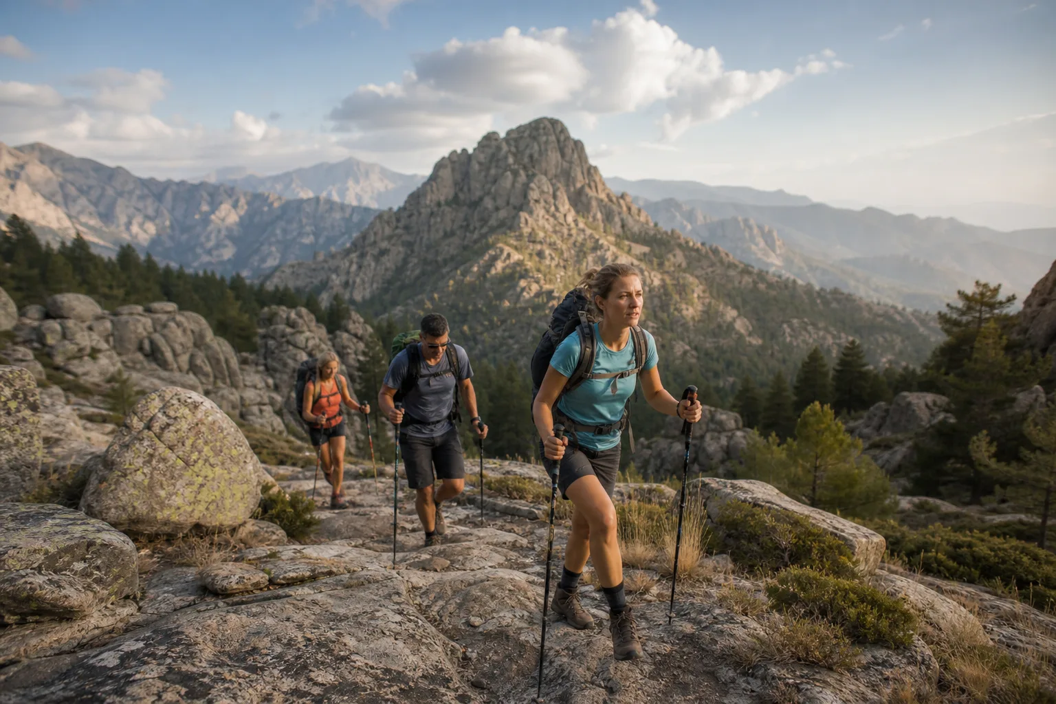 Hiking on a granite path during a trekking in Corsica