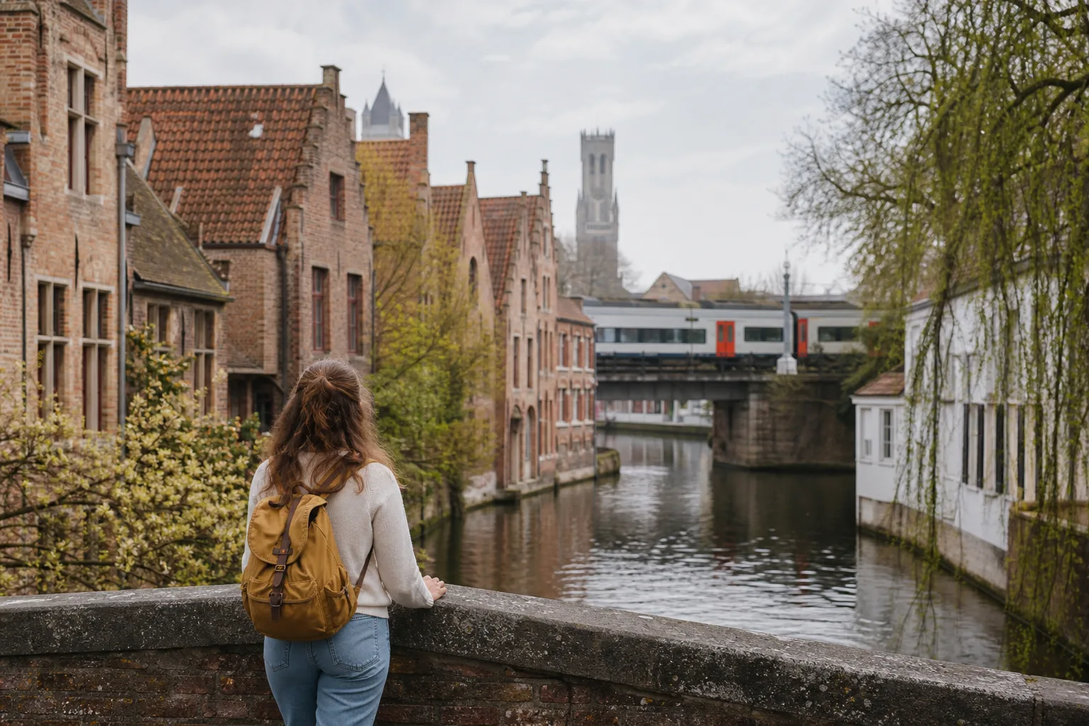 Traveller on a bridge near the canals during a trip to Flanders by train