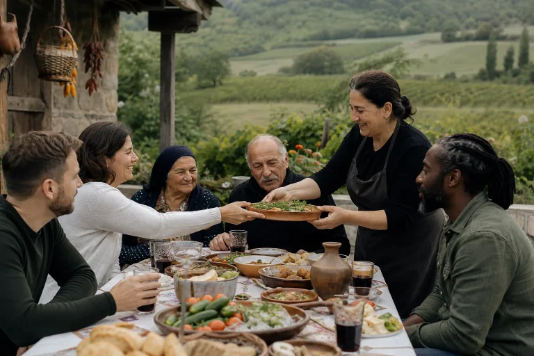 Travelers around a traditional table on a trip to Georgia