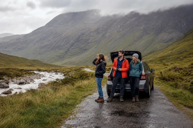 Small group with cars on a mountain road in the Scottish Highlands