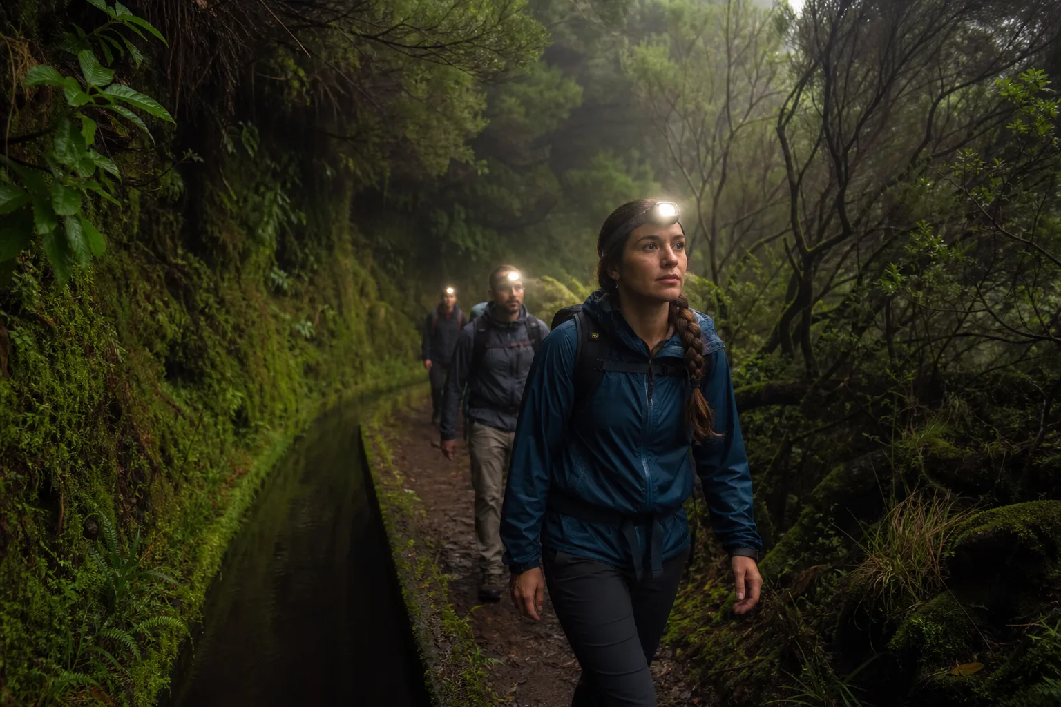 Hiking along a lever in Madeira forest
