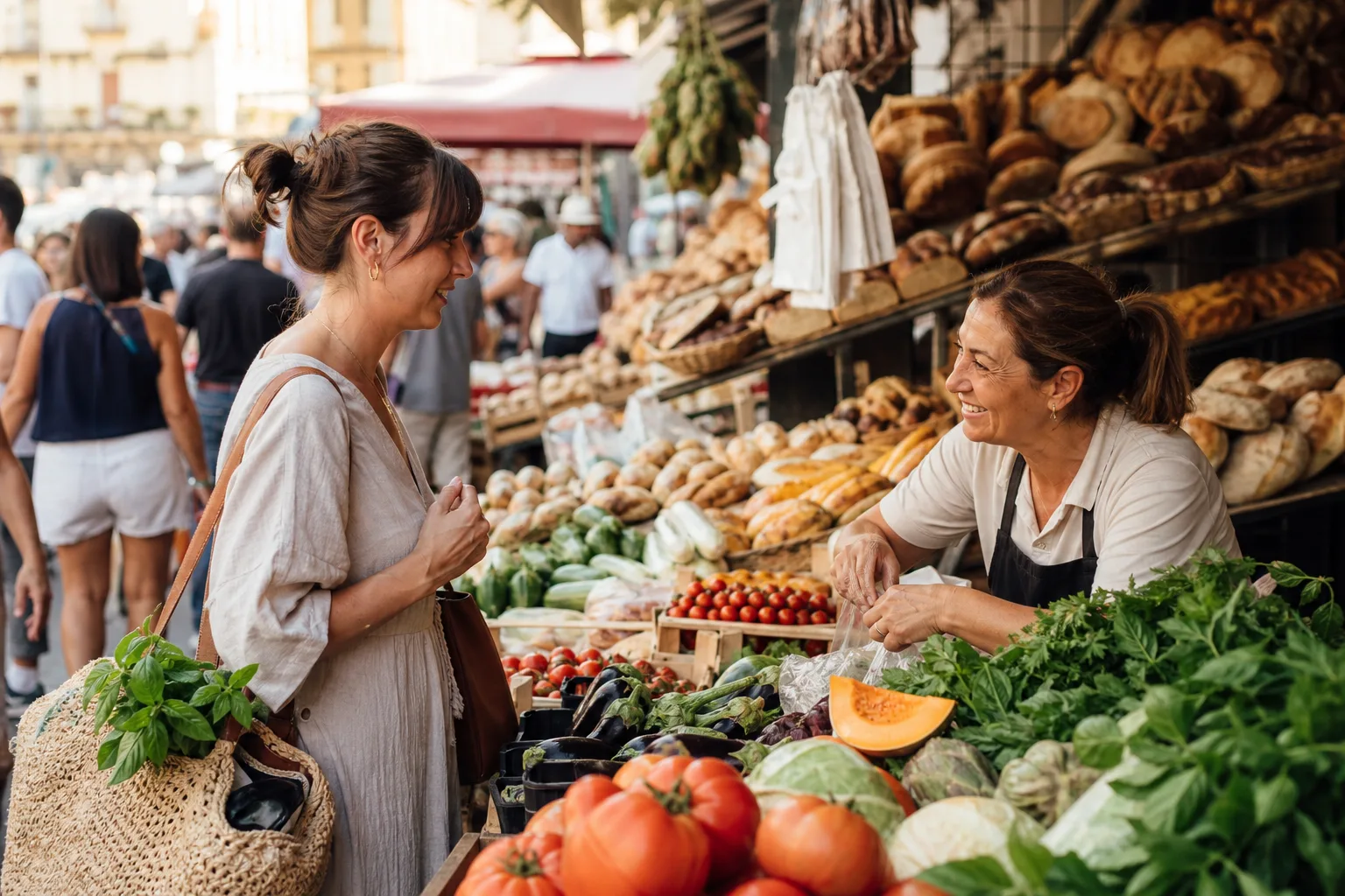 Traveller in a food market during a gastronomic weekend in Naples